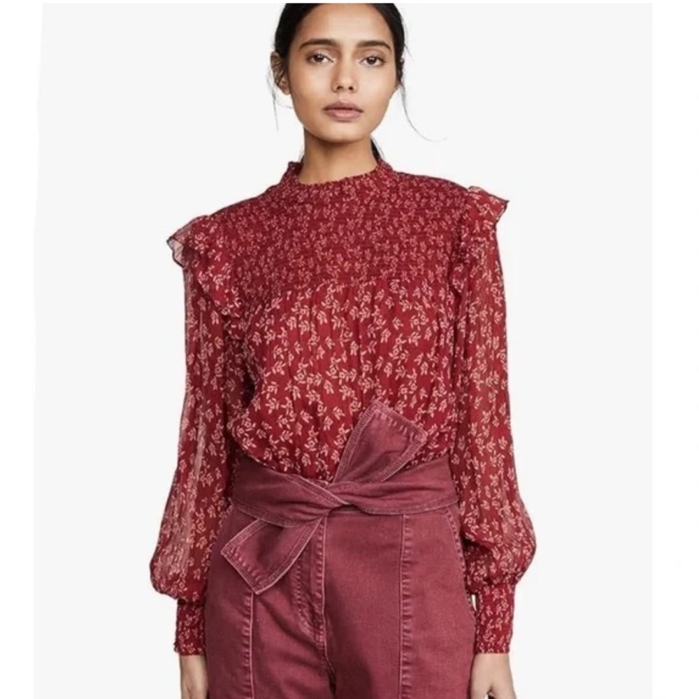 Free People Burgundy Floral Smocked Yoke Blouse